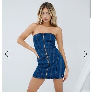 Strapless Denim Zip-up Dress